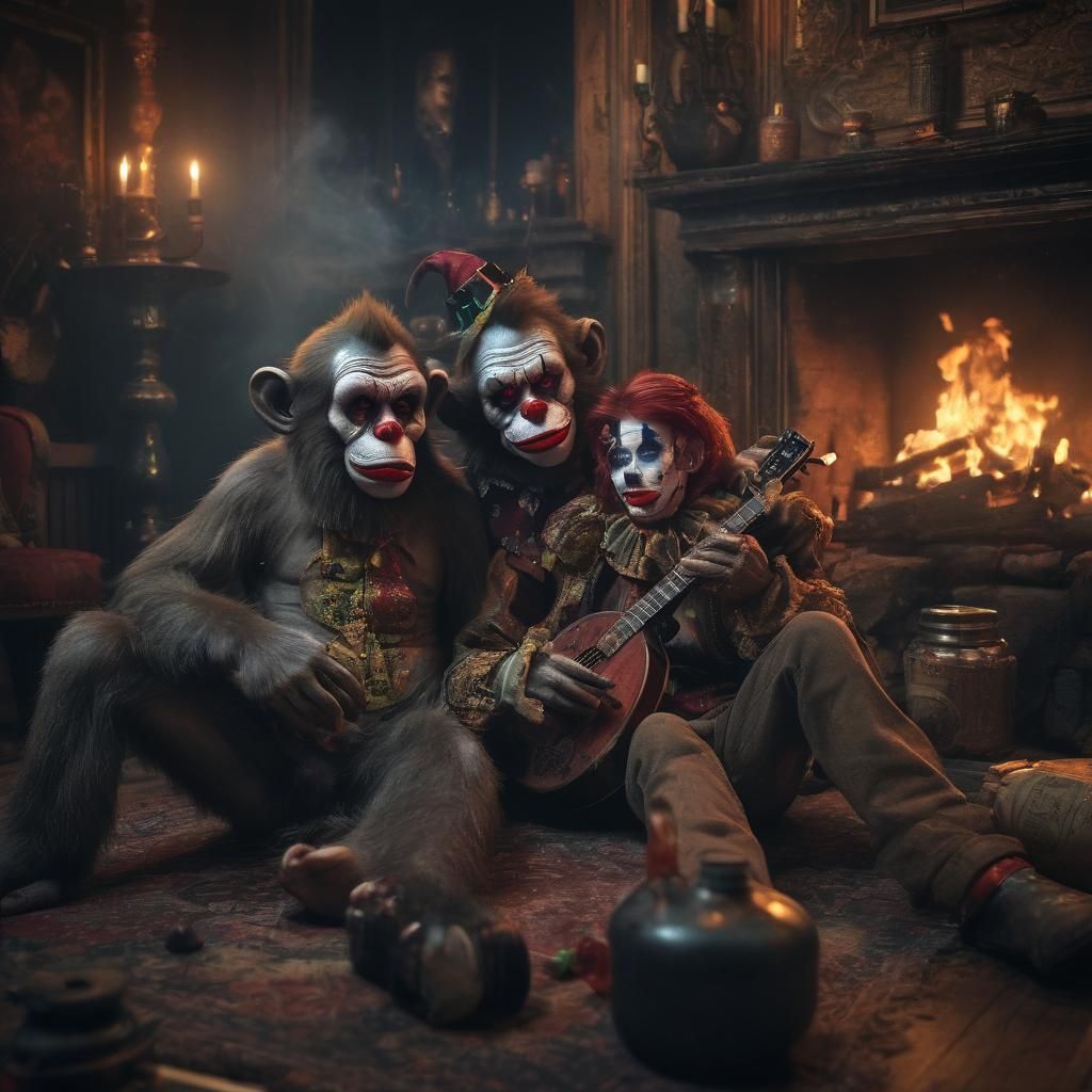Zombie Monkey Clown Couple Cuddling by Fireplace