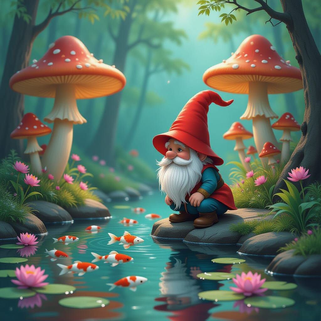 Gnome Tending Koi Pond in Enchanted Forest