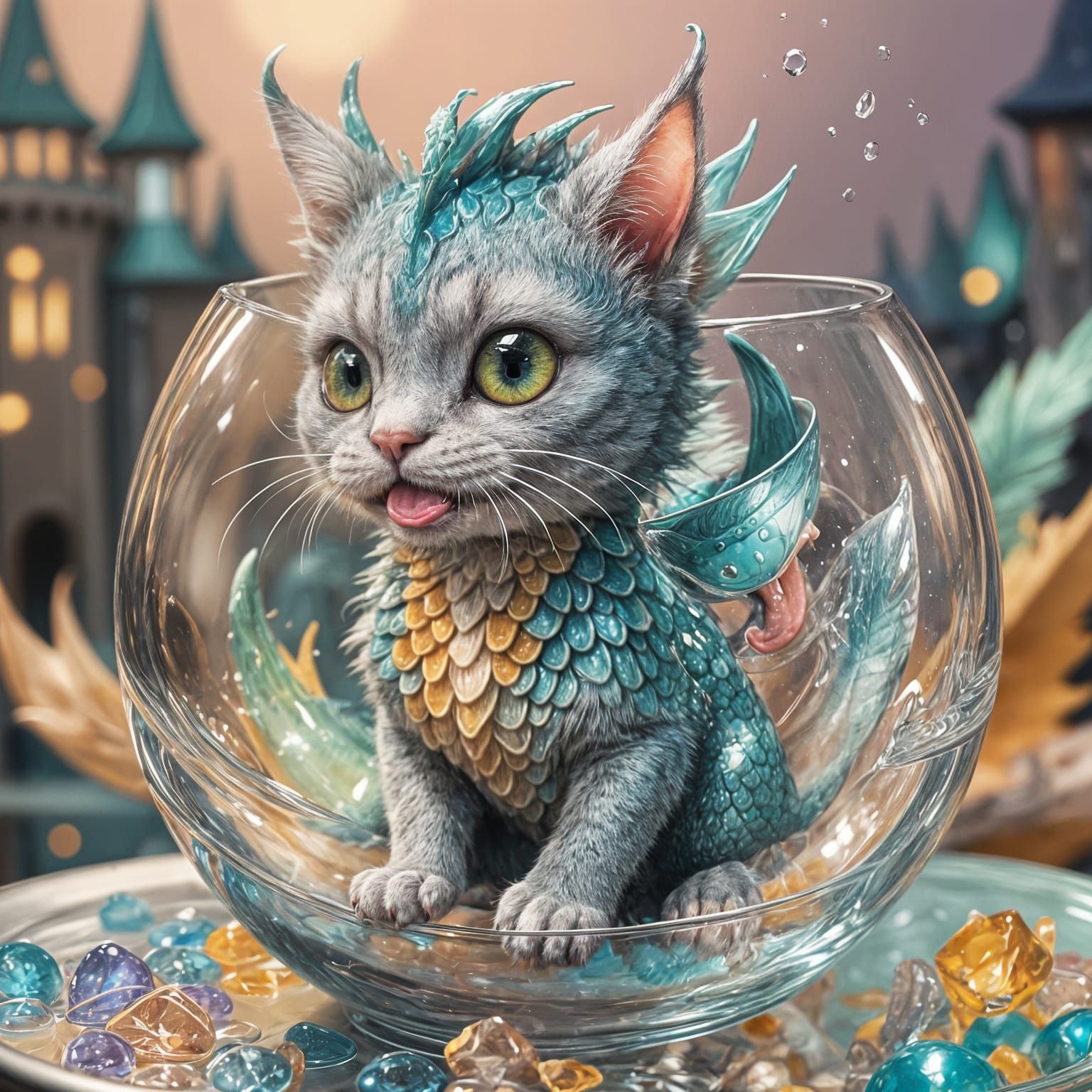 Derpy Dragon Cat Trapped in Glass Bowl