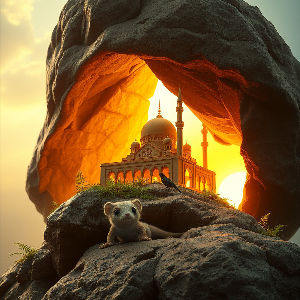 Miniature Mosque Radiating Golden Light on Colossal Boulder