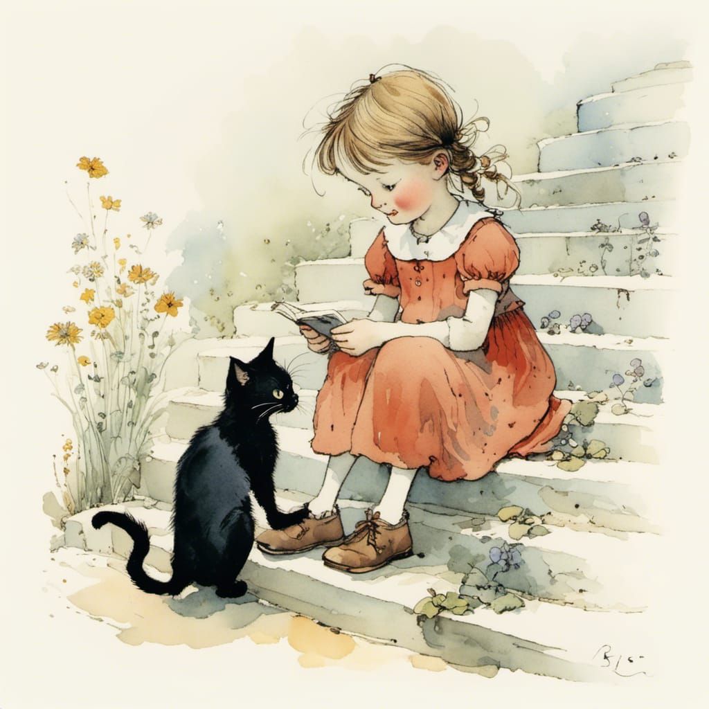 Girl and Black Cat: Children's Book Illustration