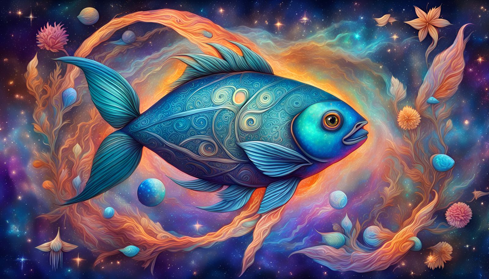 Pisces Sign in Holographic Astral Mixed Media