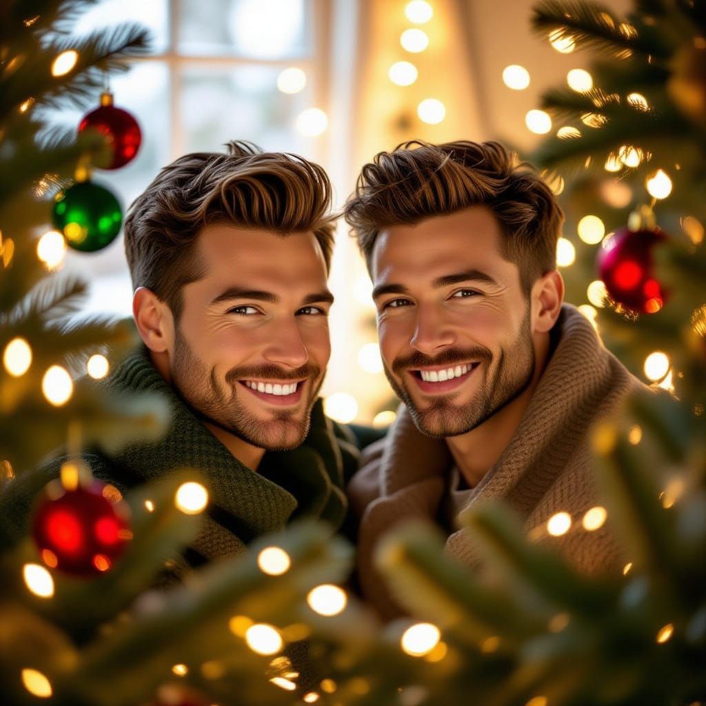 Gay Couple Decorating Christmas Tree in Warm Light