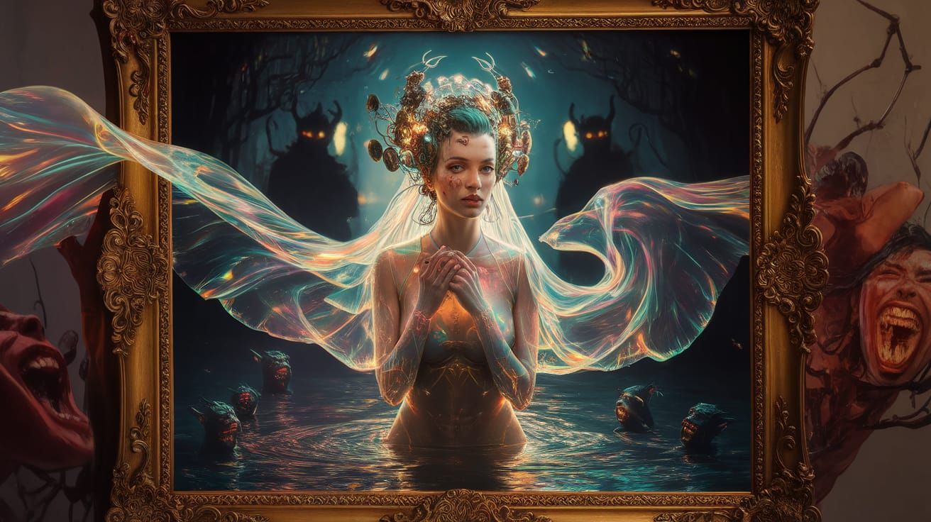 Woman Surrounded by Demons in Photorealistic Painting
