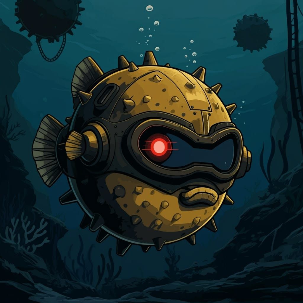 Dark Cyberpunk Pufferfish Confronts Deep Ocean Threat
