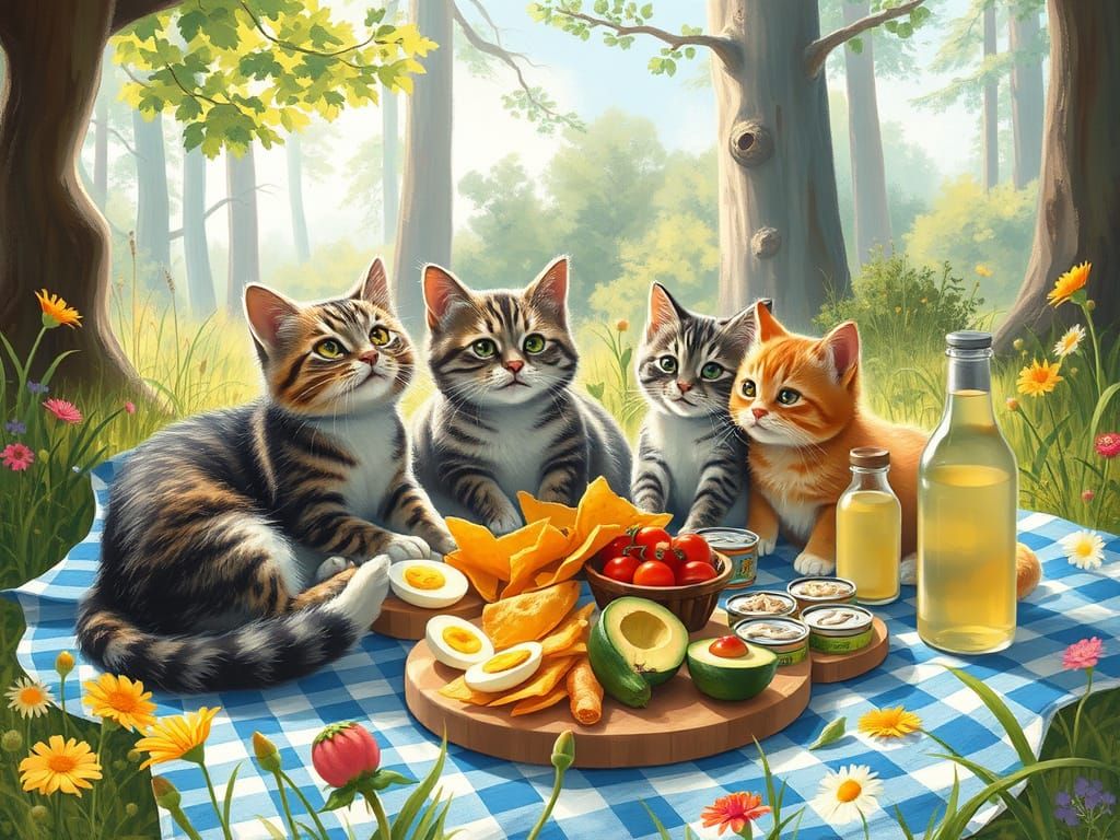 Whimsical Feline Family Picnic in a Sun-Dappled Forest