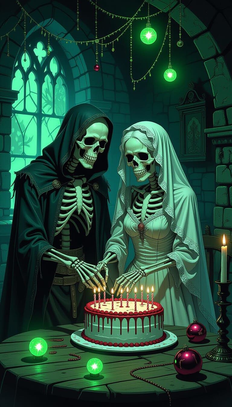 Skeletal Couple Decorates Spooky Birthday Cake