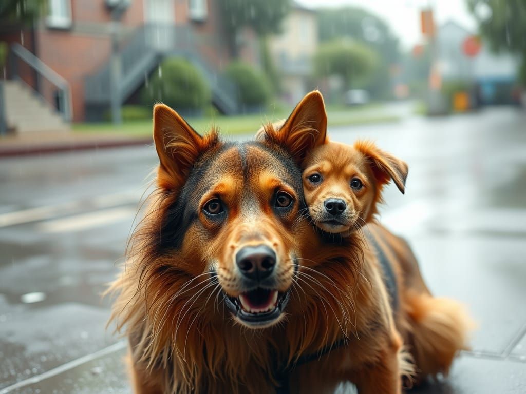 Vivid Rainy Scene with Feline and Canine Elements