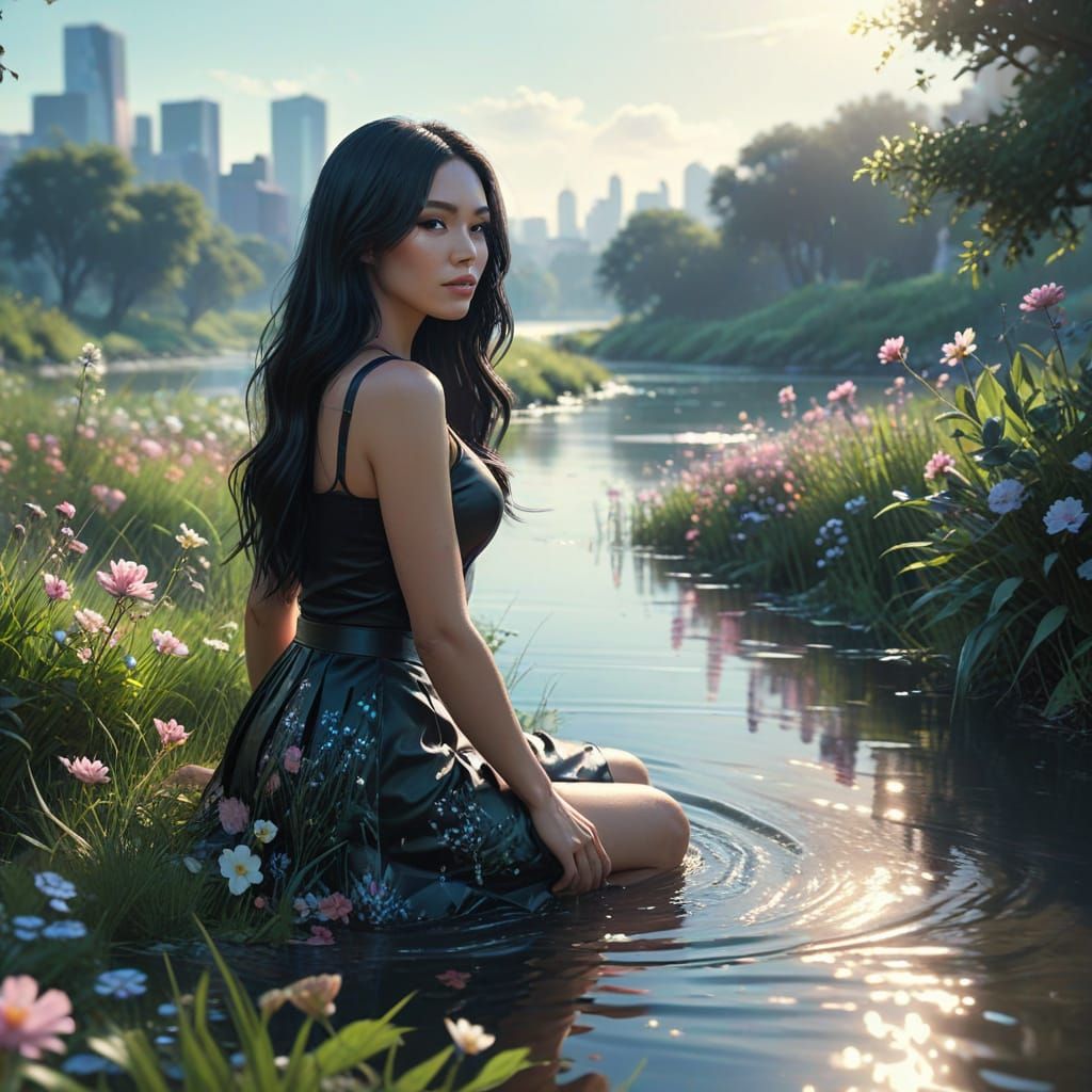 Woman in Ethereal Landscape with Futuristic Cityscape