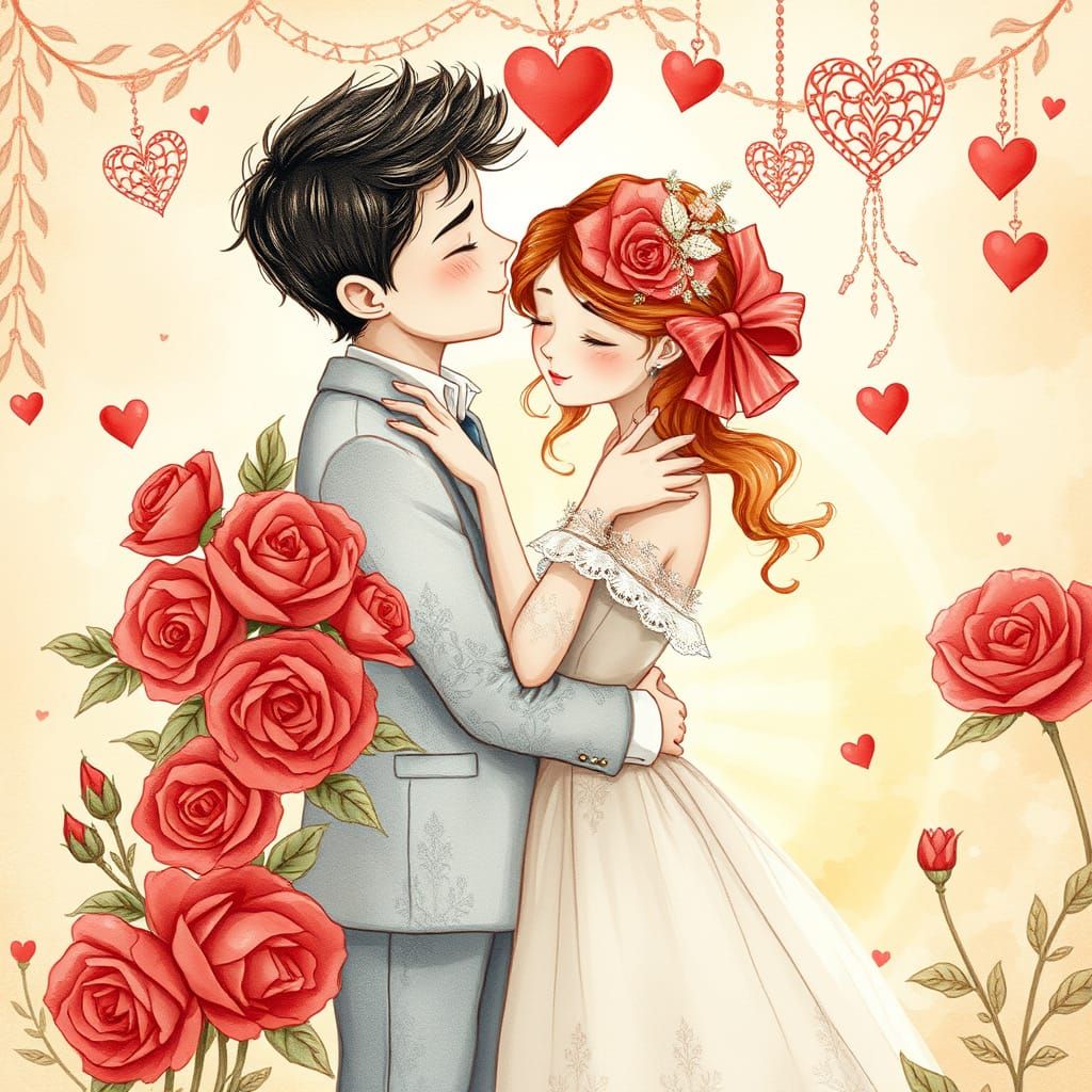 Romantic Whimsy: Loving Couple in a Rose Garden at Sunset