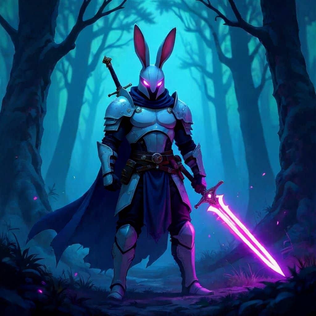 Bioluminescent Forest Knight in Medieval Oil Painting Style