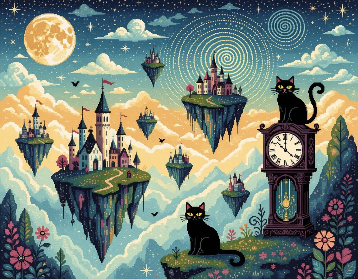 Surreal Dreamscape Cross-Stitch with Floating Islands