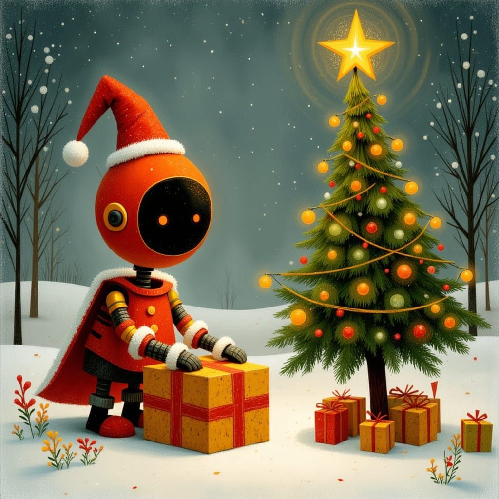 Robot Santa Delivers Presents in Whimsical Christmas Scene