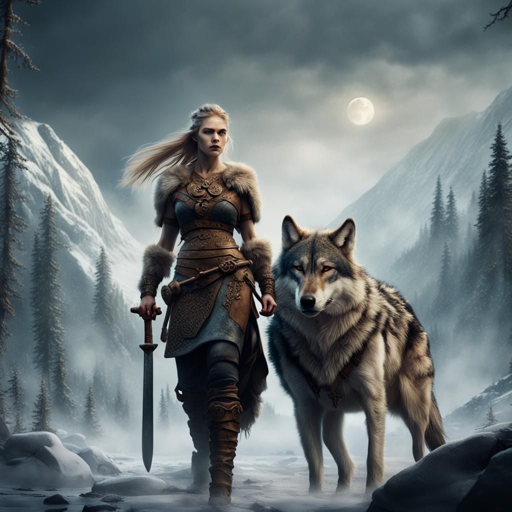Viking Woman Warrior with Wolf: Fantasy Art