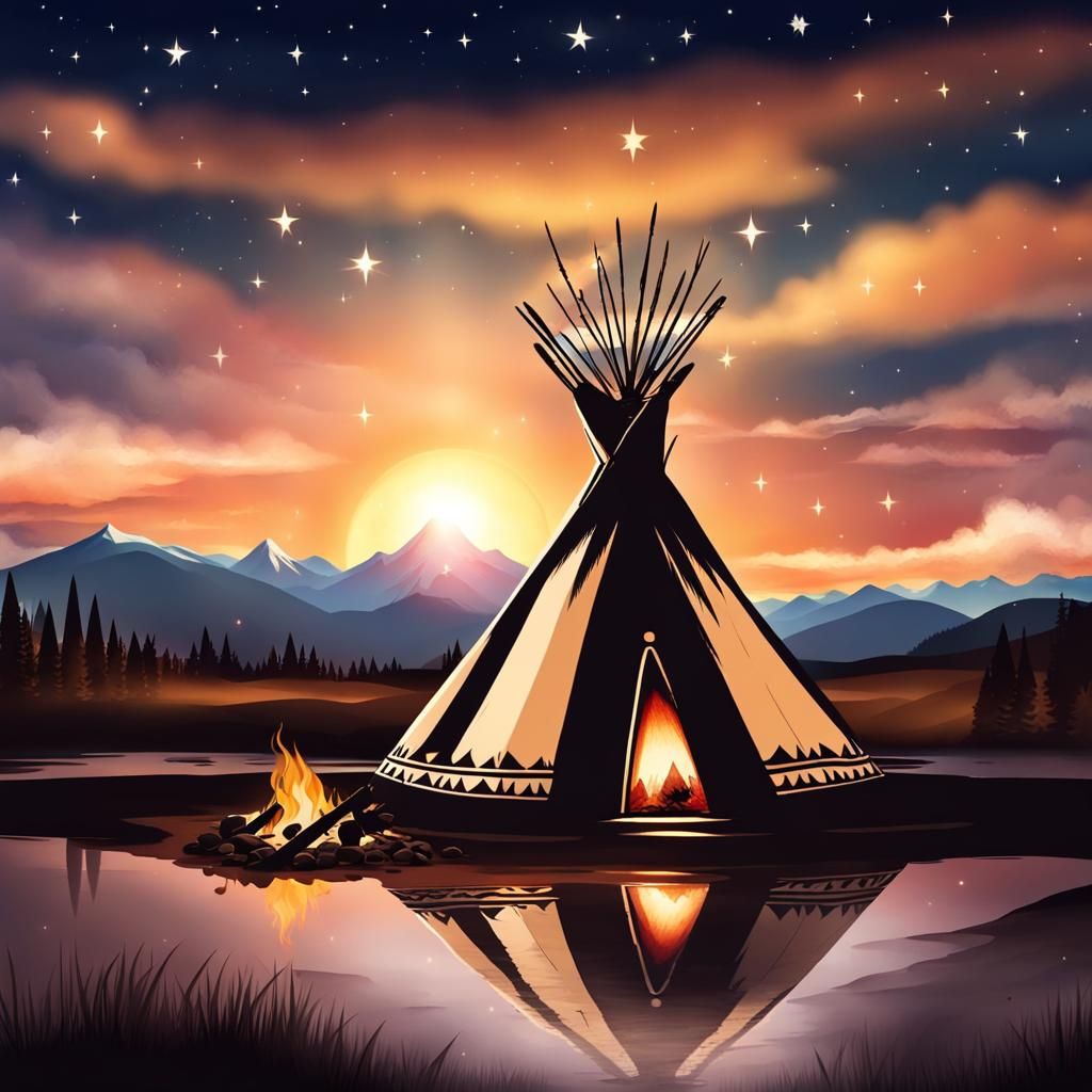 Native American Village Under Starlight