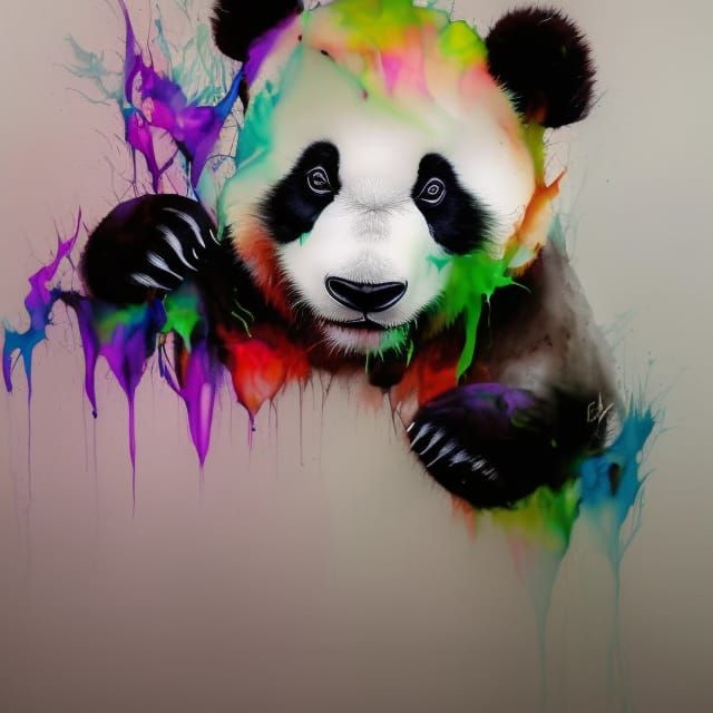 Adorable Panda Cub Portrait in Inkblot Style