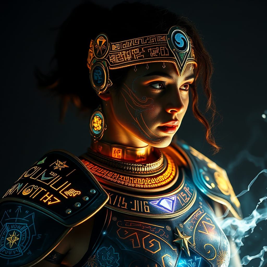 Woman in Prismatic Light Armor with Runes