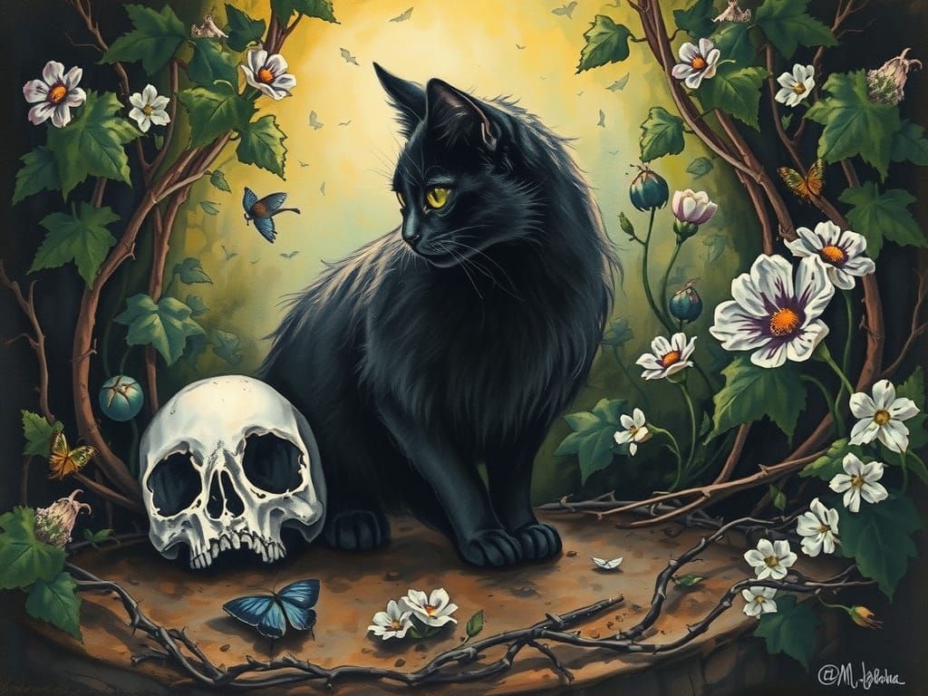 Gothic Whimsy: A Witch's Feline Companion in a Dark Floral R...