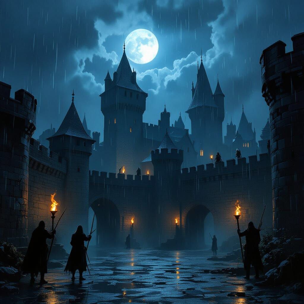 Rainy Night Castle Scene in Gothic Style