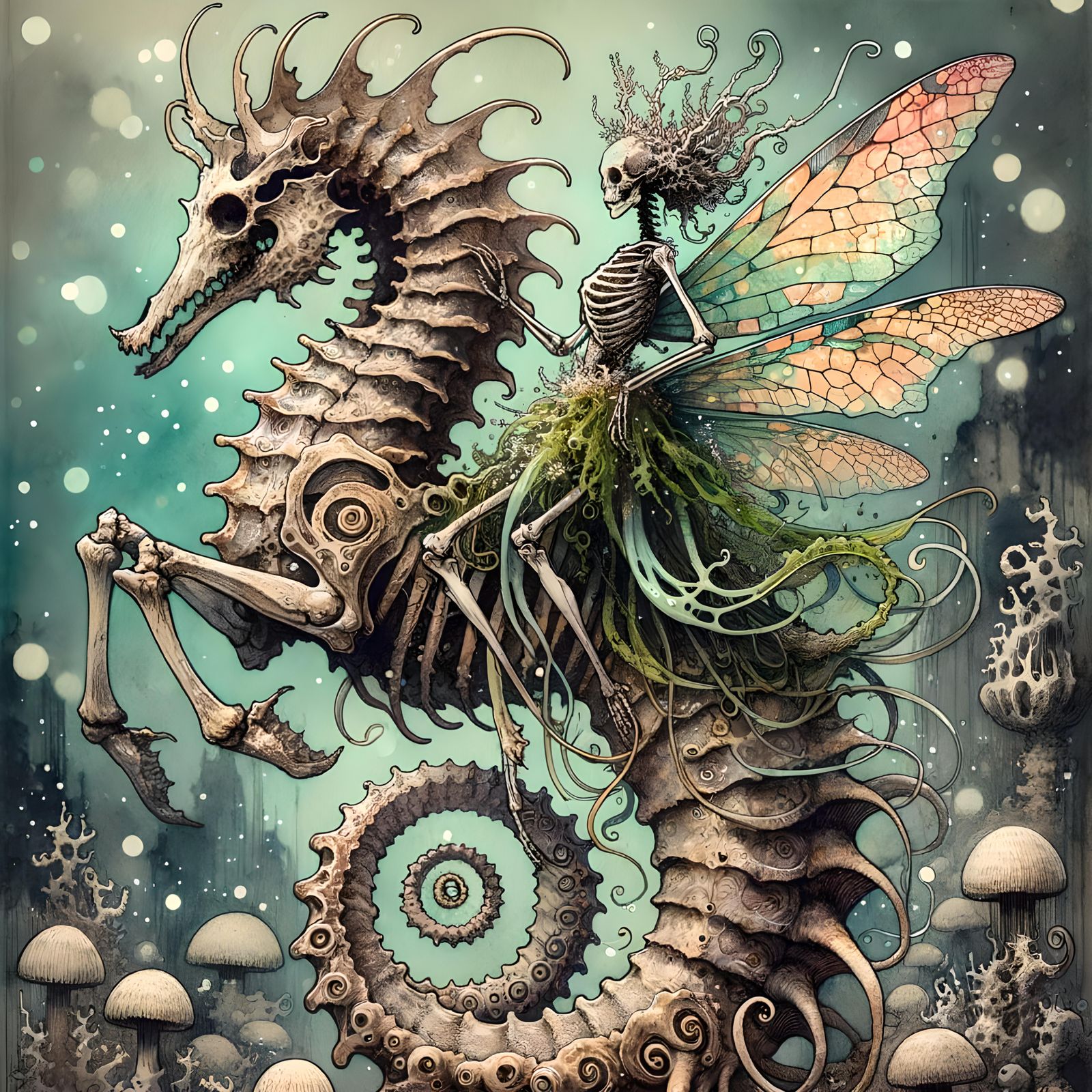 Eldritch Underwater Fairy Riding Seahorse Squid