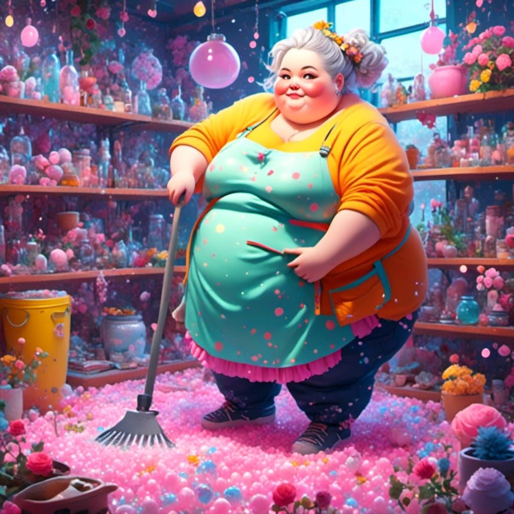 Realistic Photo of a Mature Overweight Woman Cleaning