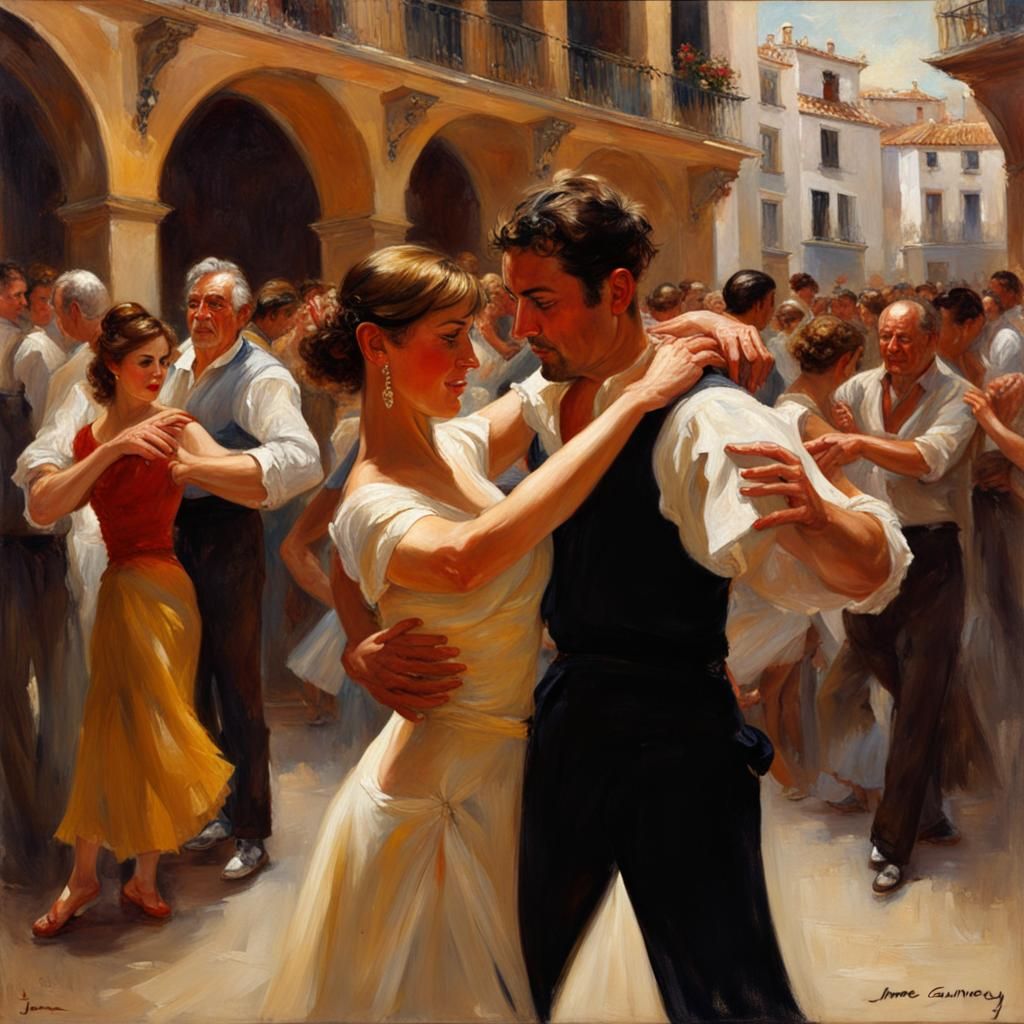 Passionate Tango in Spain as Oil Painting