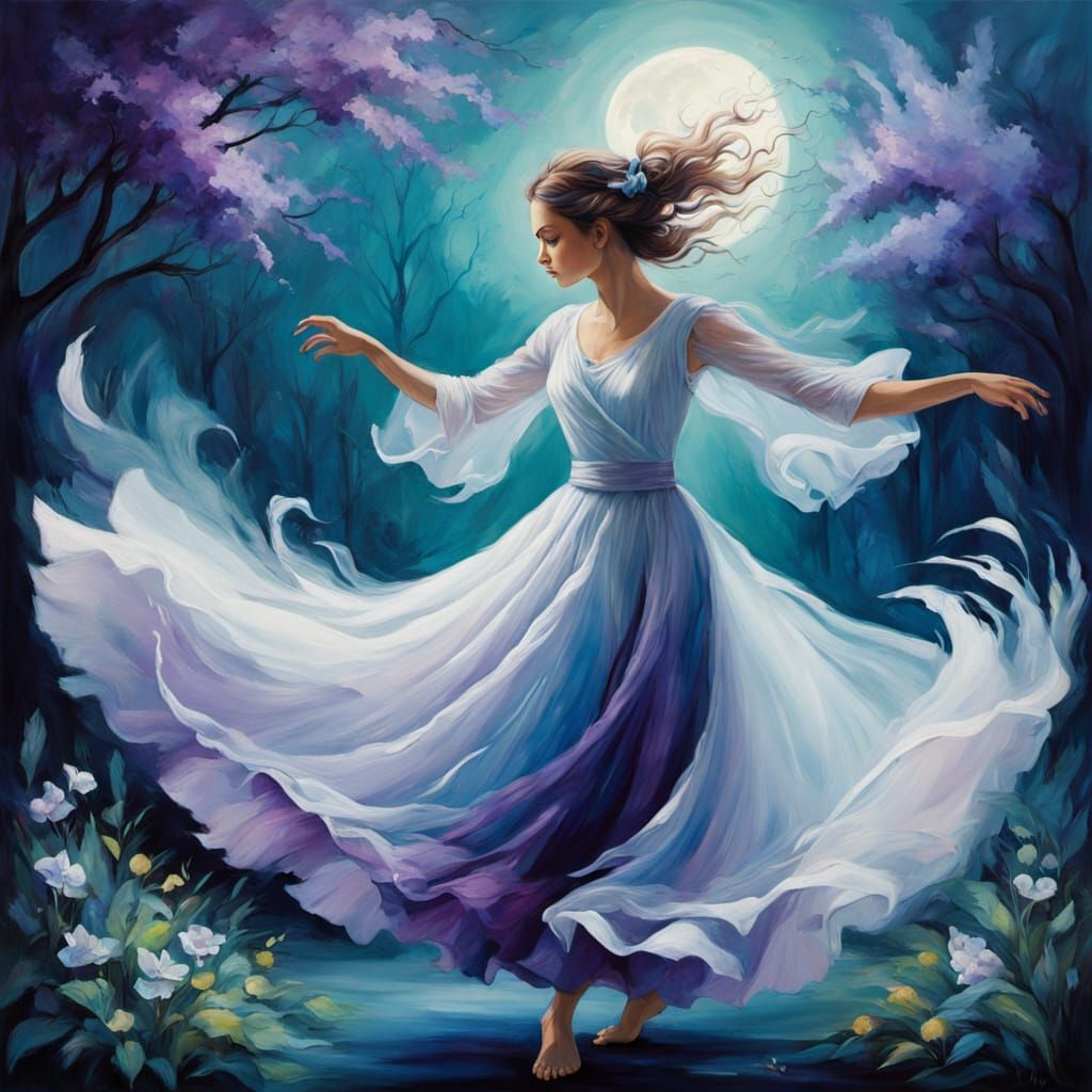 Ethereal Dancer in Moonlit Garden, in Vibrant Oil Painting S...