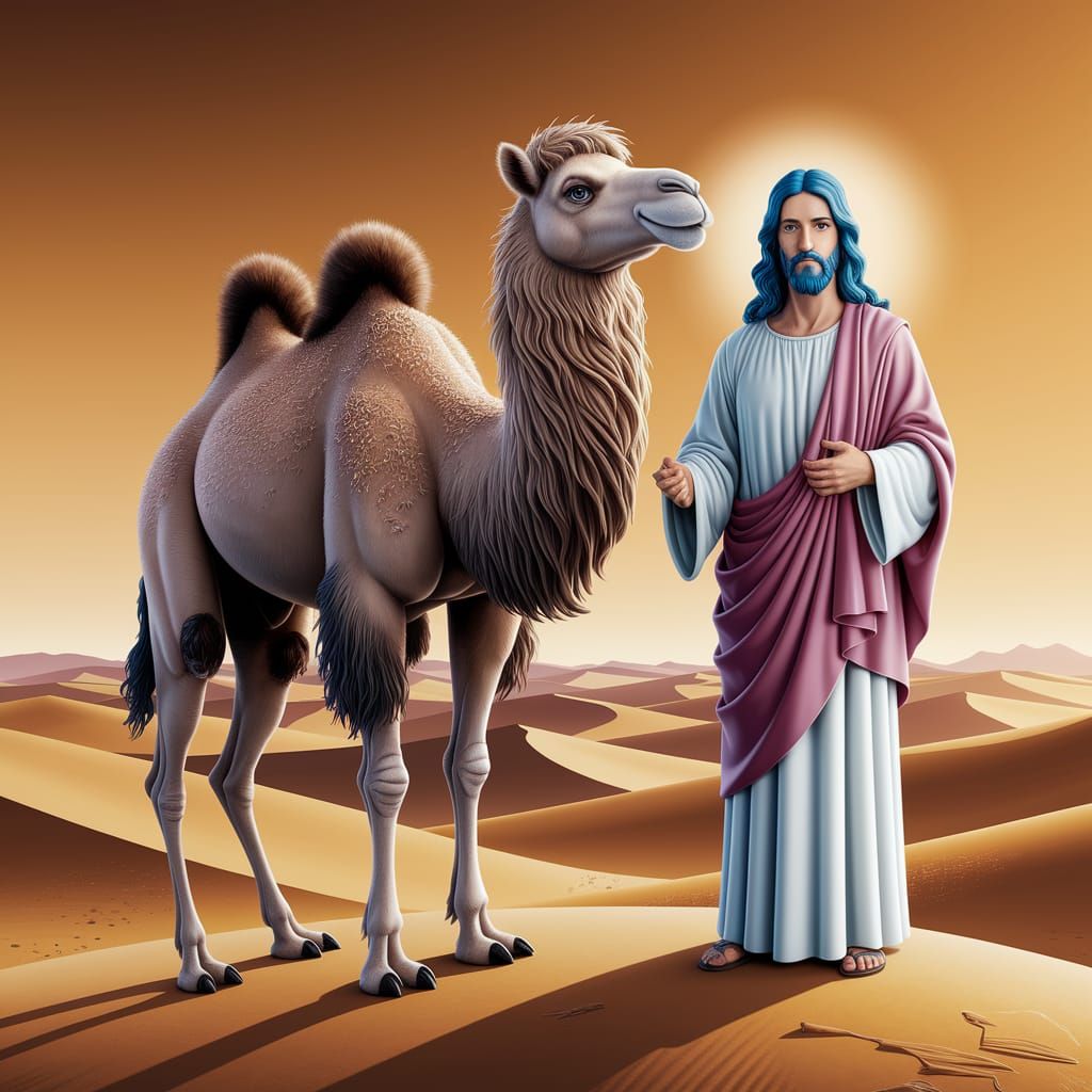 Blue-Haired Jesus in Golden Desert Landscape