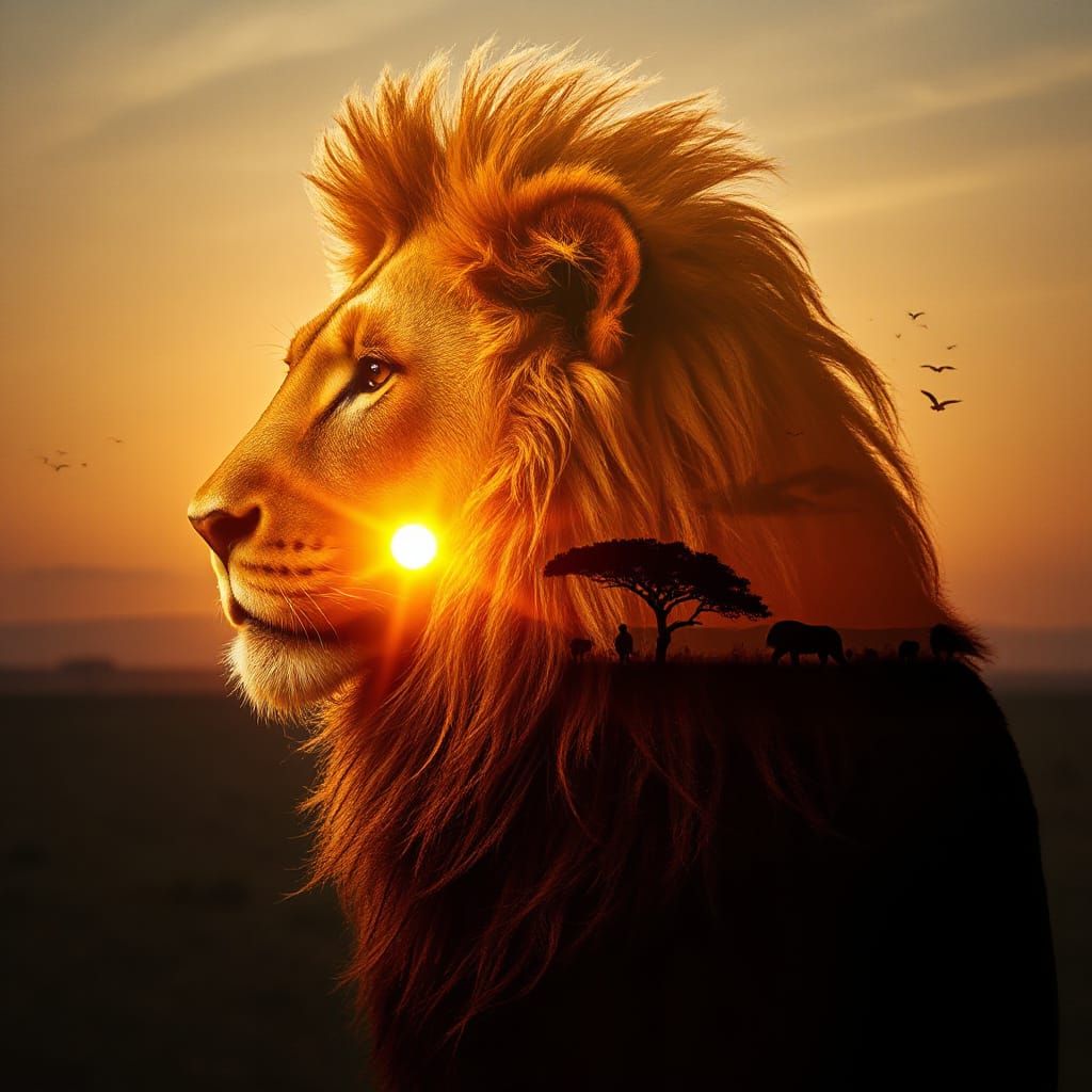 Lion Profile Merged with African Savanna