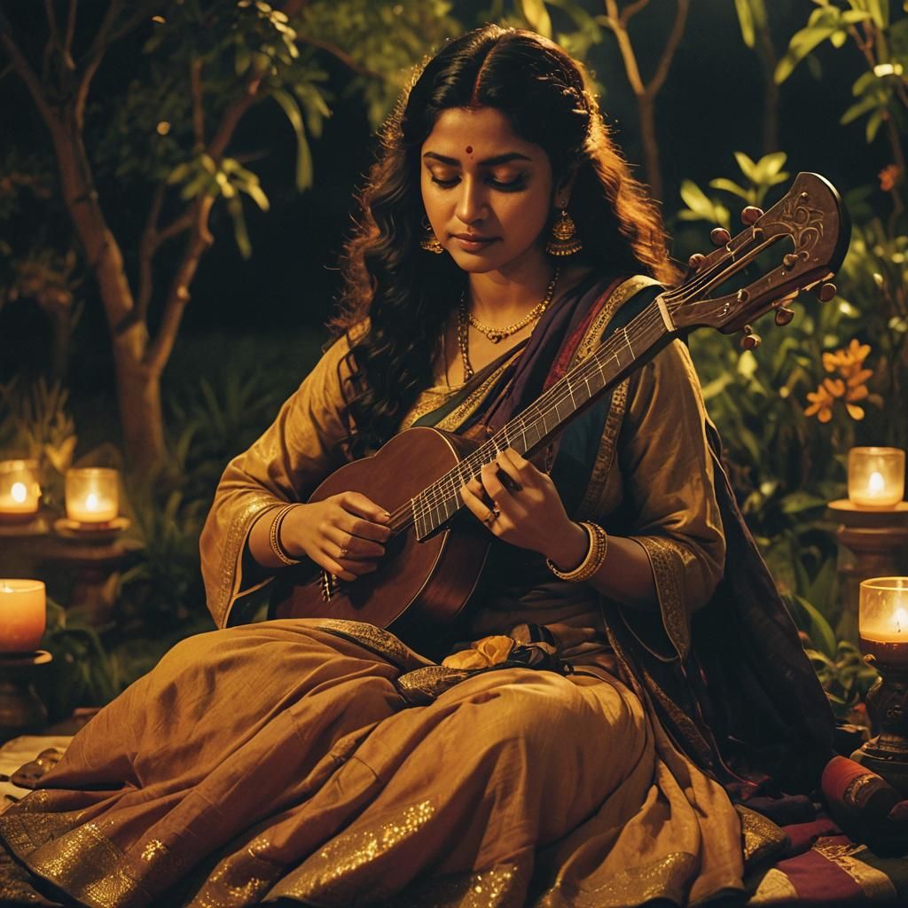 Saraswati Plays Veena in Moonlit Garden: Film Still