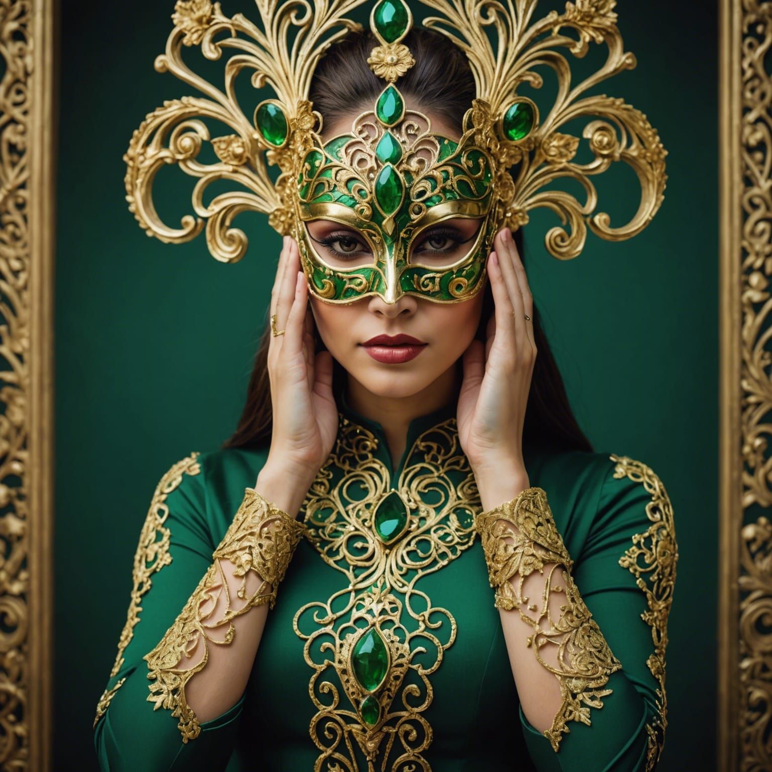 Woman with Decorated Mask in Gold and Green