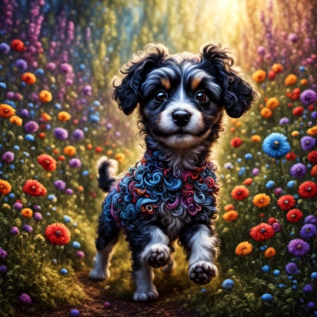 Cute Puppy Running in a Colorful Garden