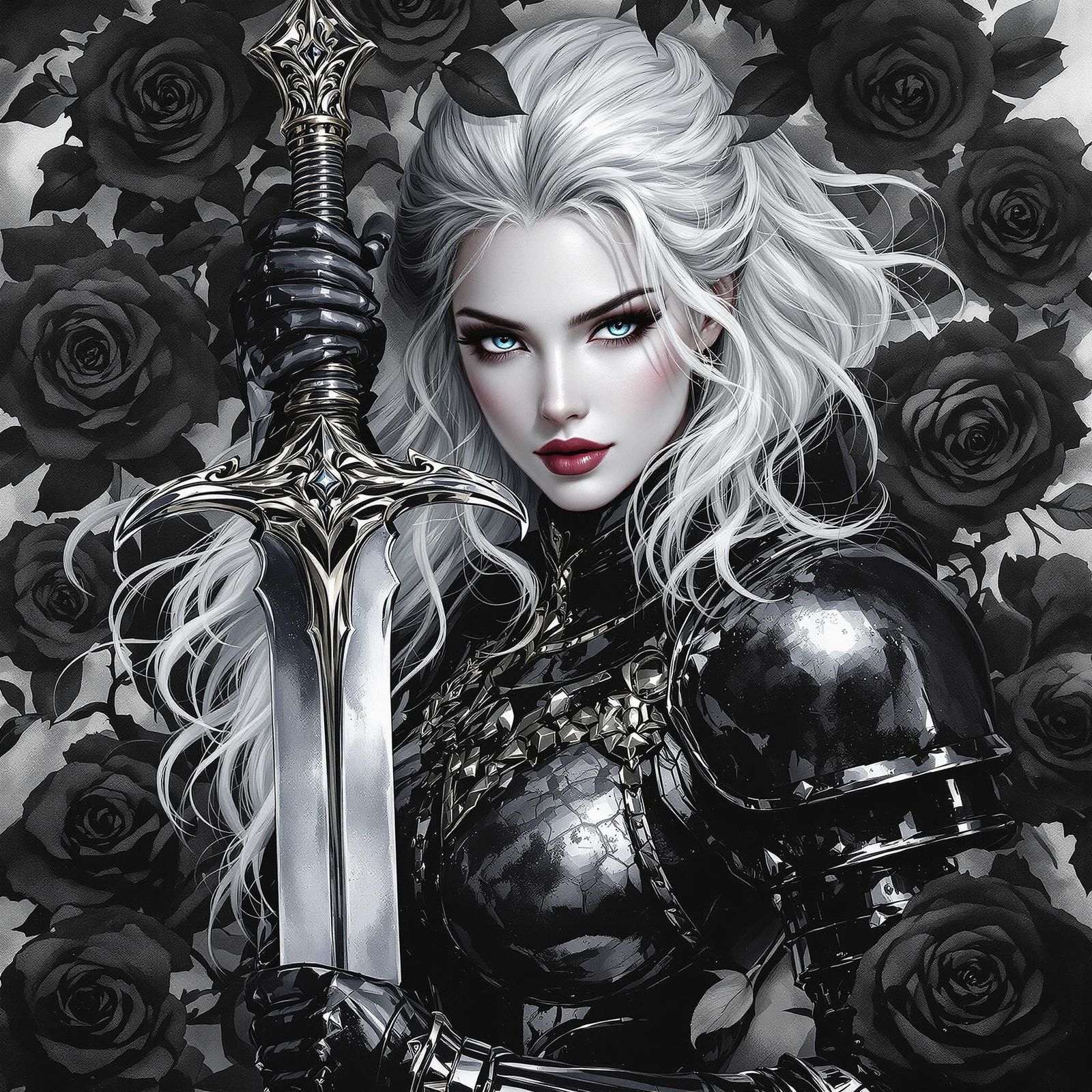 Gothic Woman Knight in Black Rose Garden