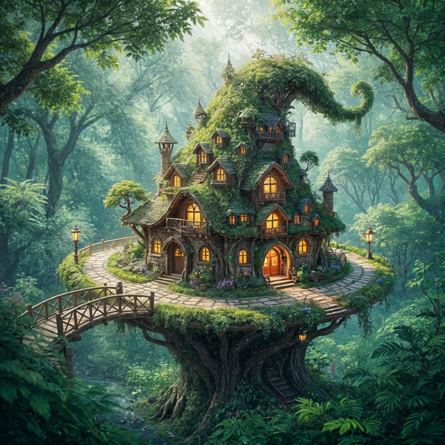 Miniature Treehouse City Hat in Lush Forest