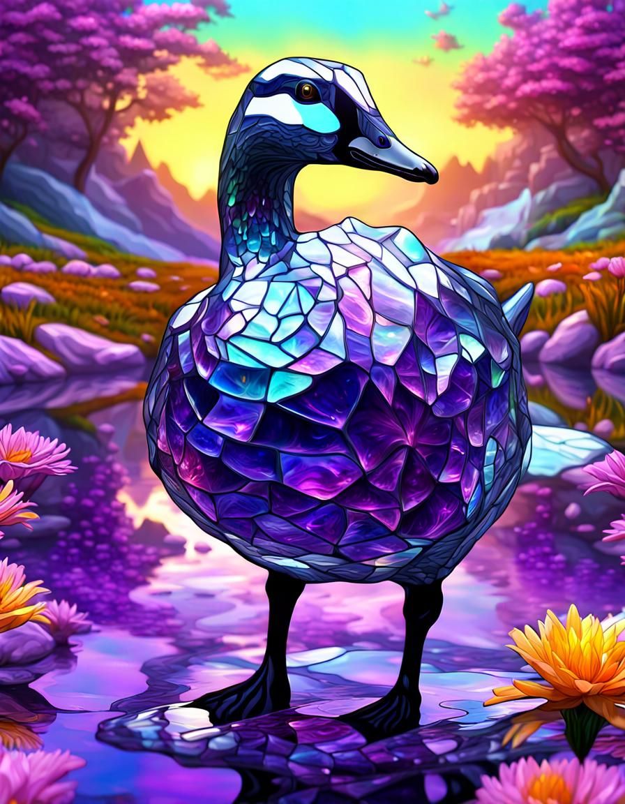 Surreal Amethyst Landscape with a Goose amidst Vibrant Cryst...