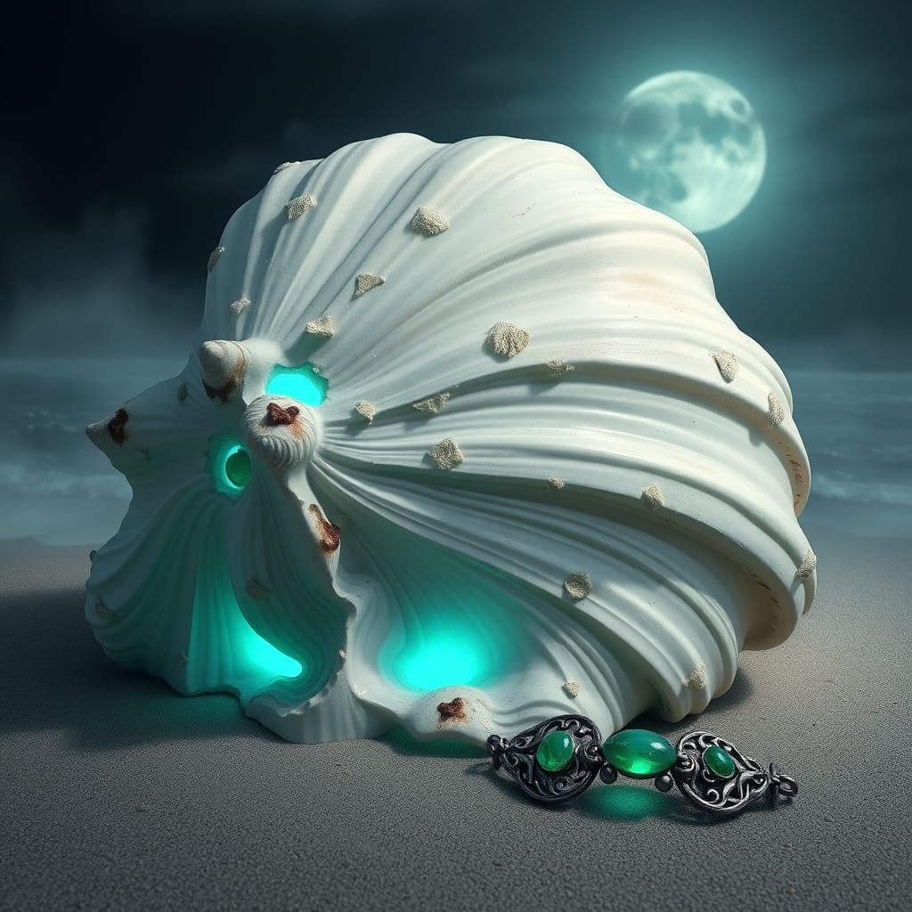 Majestic Conch Shell and Lost Emerald Treasure on a Moonlit ...