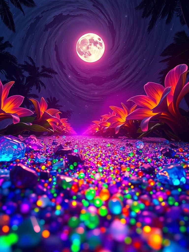Surreal Flowers Reach for Crystalline Moon: Digital Art