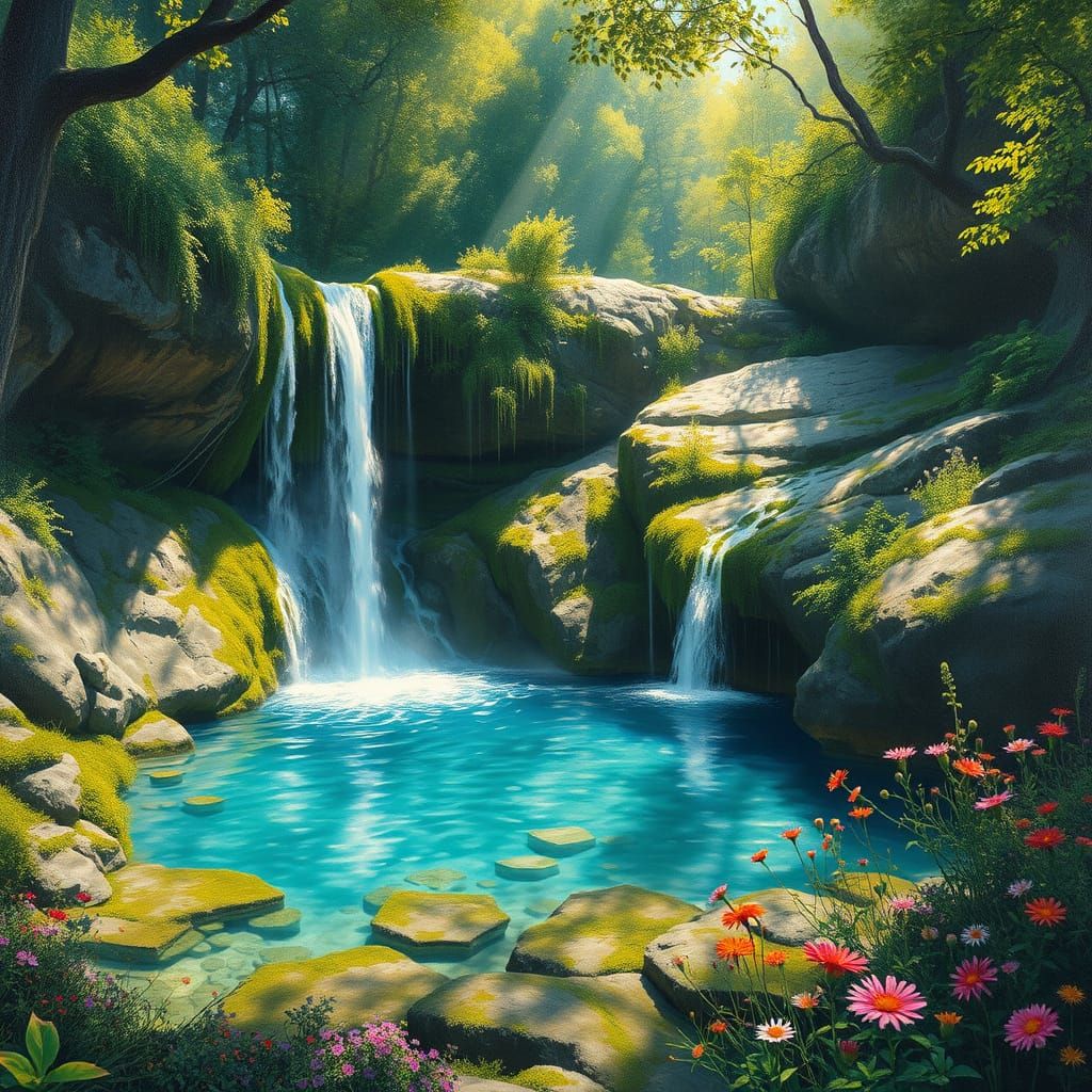 Hidden Waterfall in Lush Forest: Oil Painting Style