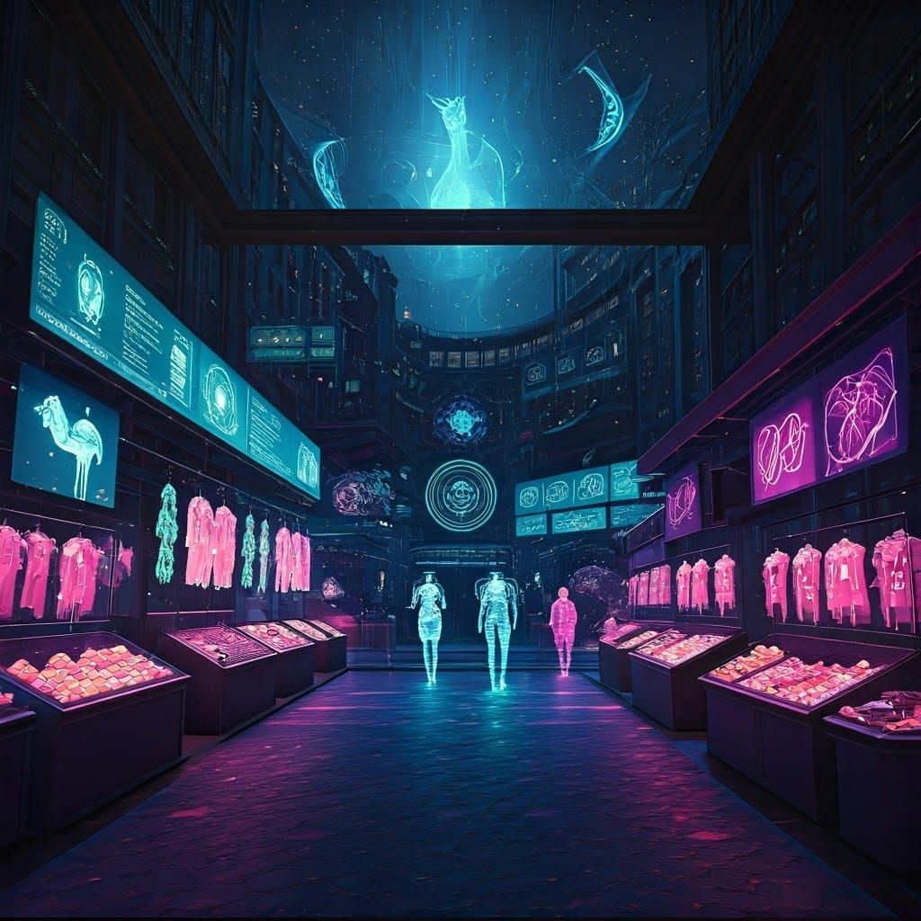 Glowing Holographic Market Scene in Cyberpunk Style