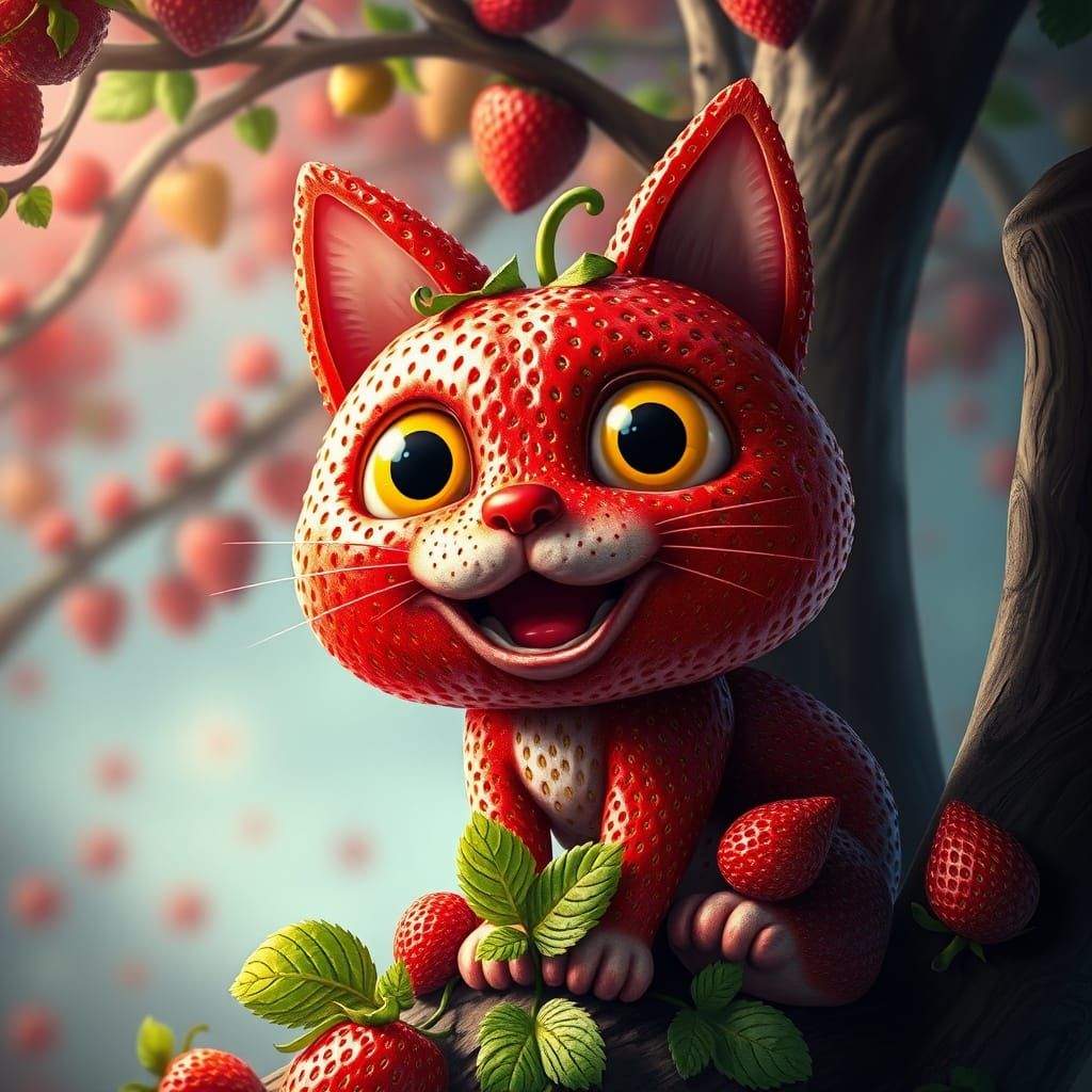 Vibrant Strawberry Cat Conquers a Tree in a Dynamic Splash A...