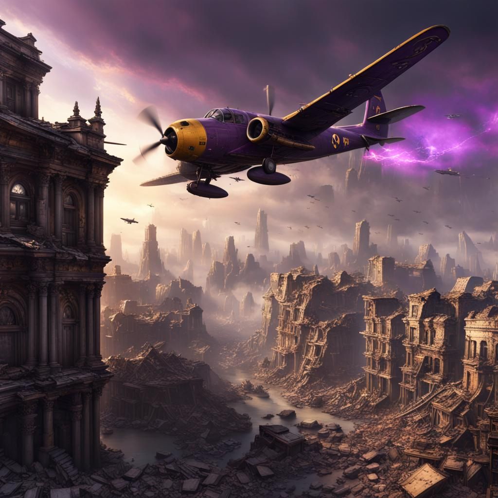 Warplane Over Destroyed City: Dark Fantasy Art