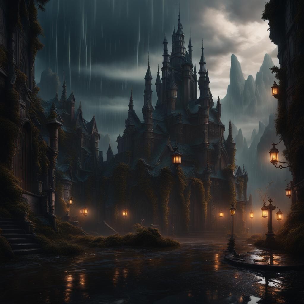 Fantastical Rainy Scene in Detailed Matte Painting
