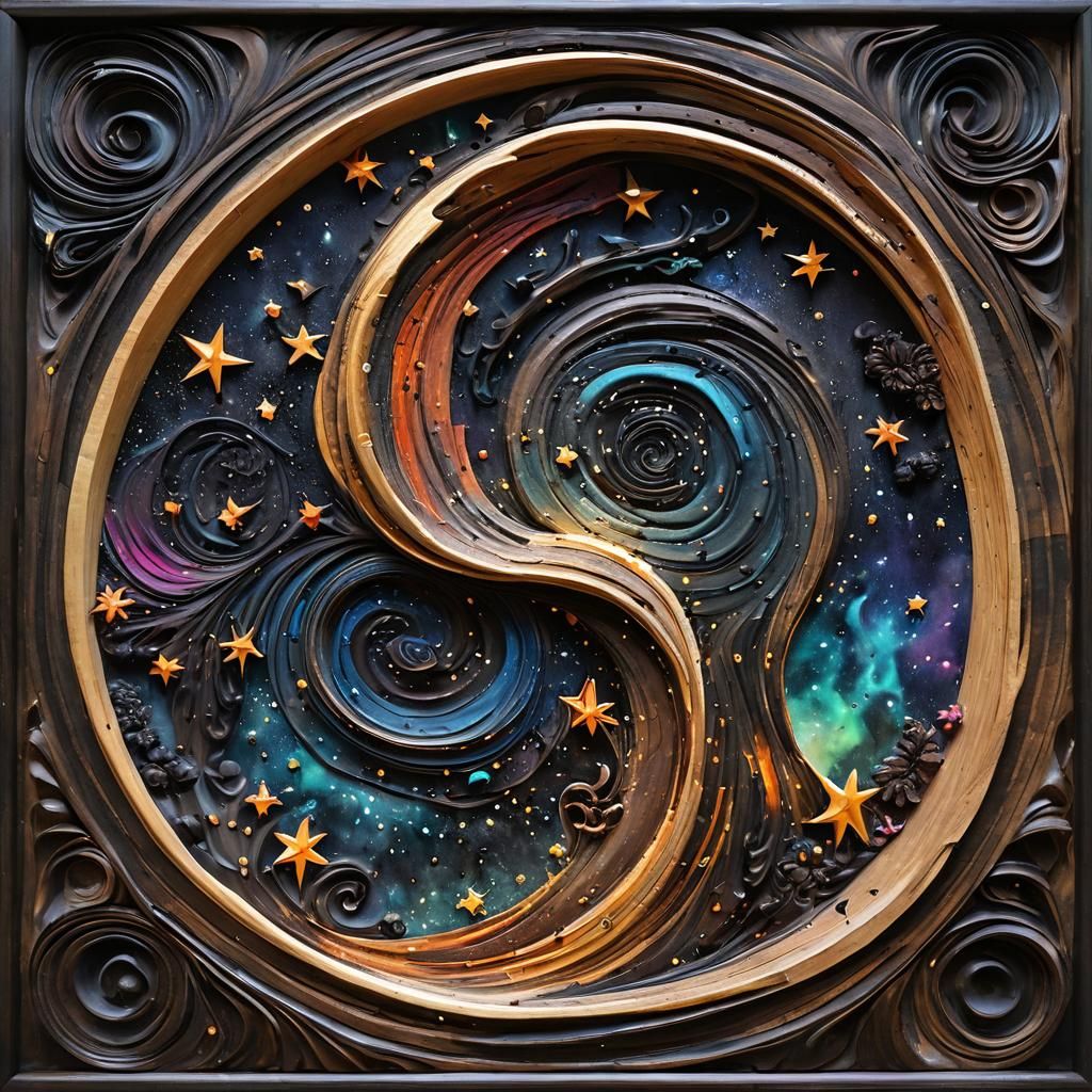 Enlightened Galaxy Wood Carving in Dark Garden