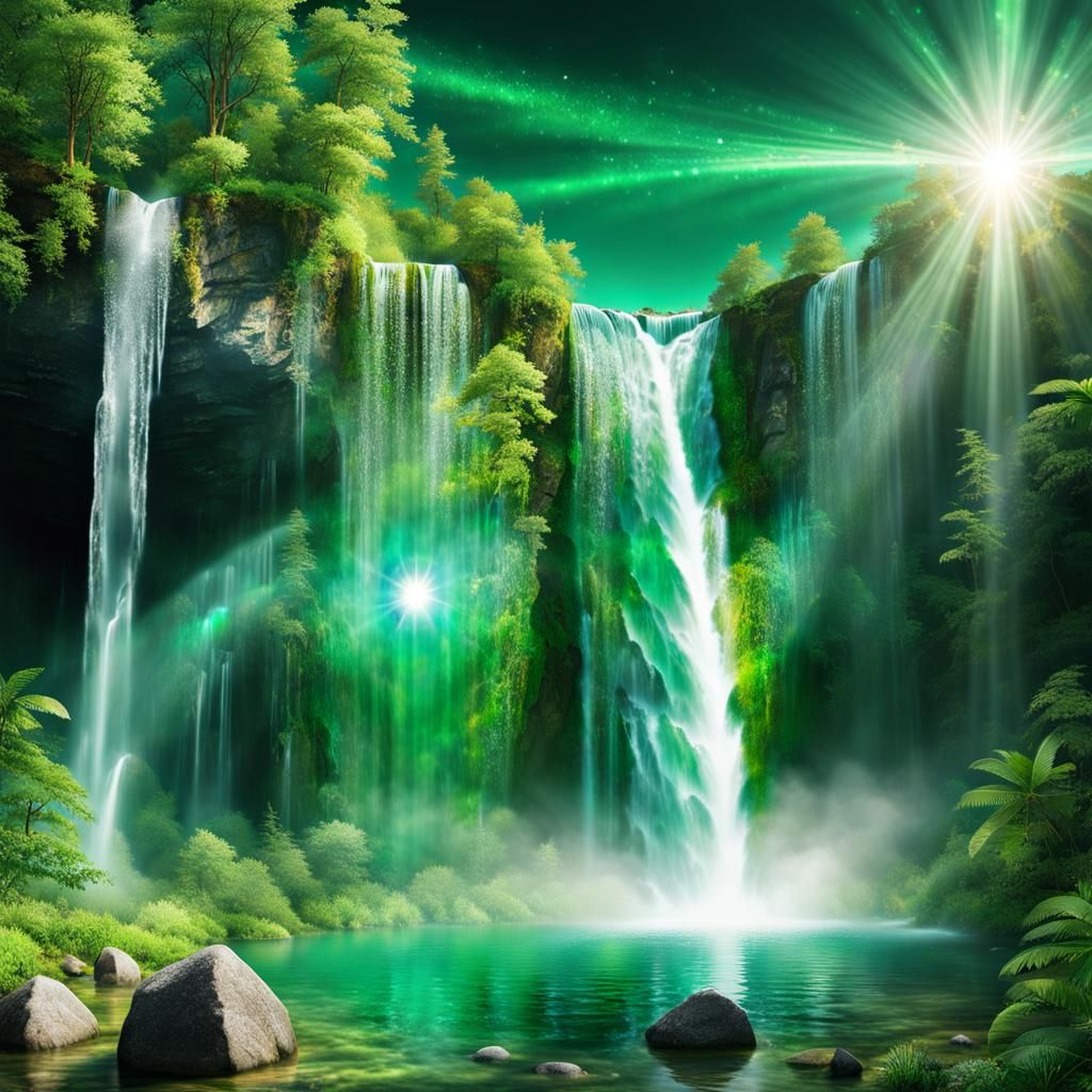 Emerald Eyes Behind a Crystalline Waterfall