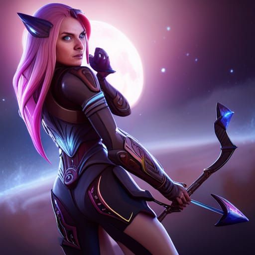 Cosmic Huntress Archer in Nebula, 3D Game Art