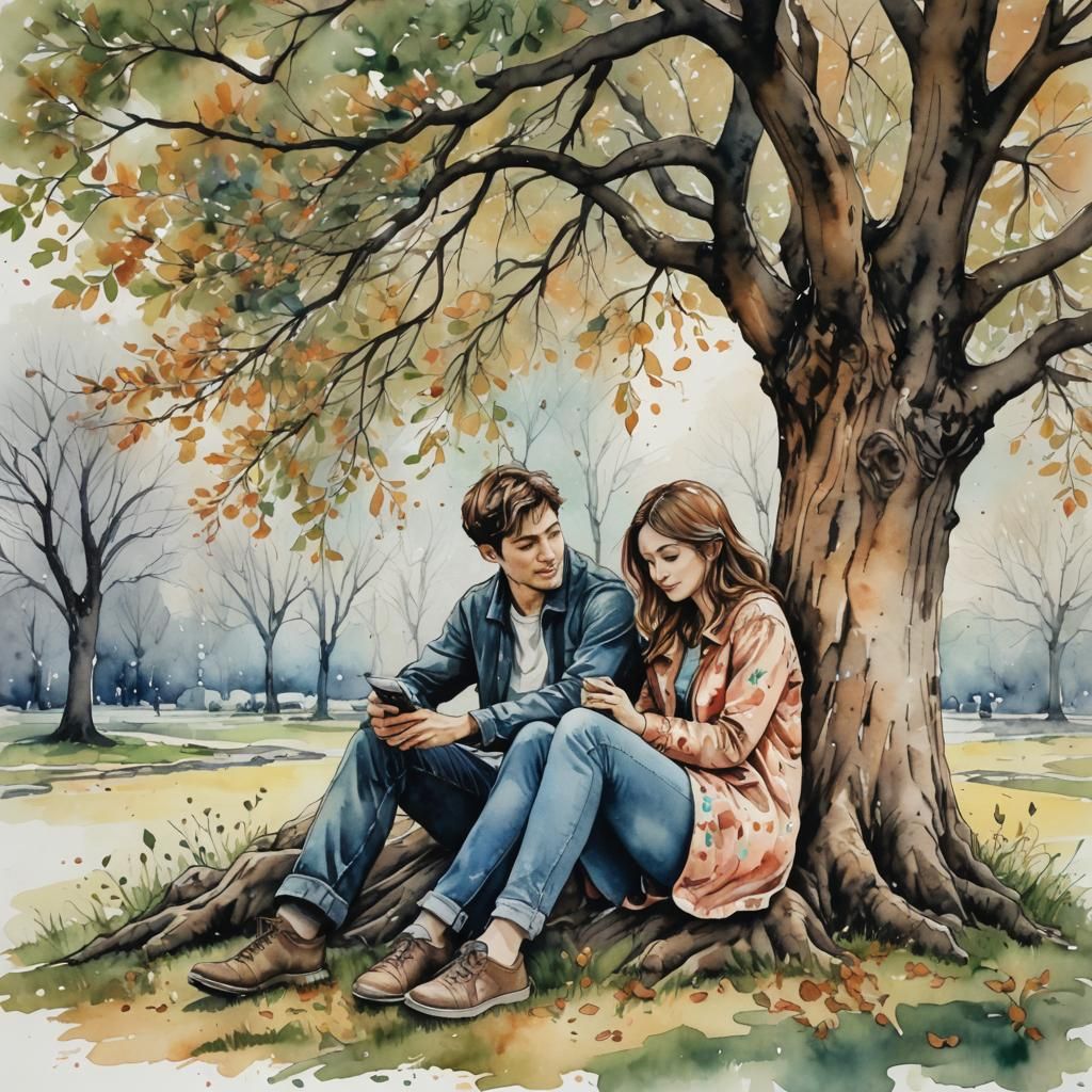 Romantic Couple Under Tree in Watercolor Style