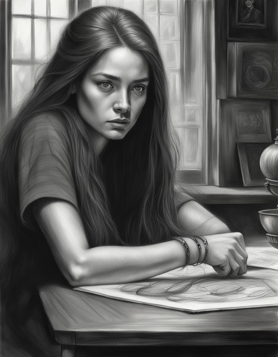 Beautiful Woman Portrait in Photorealistic Charcoal Drawing