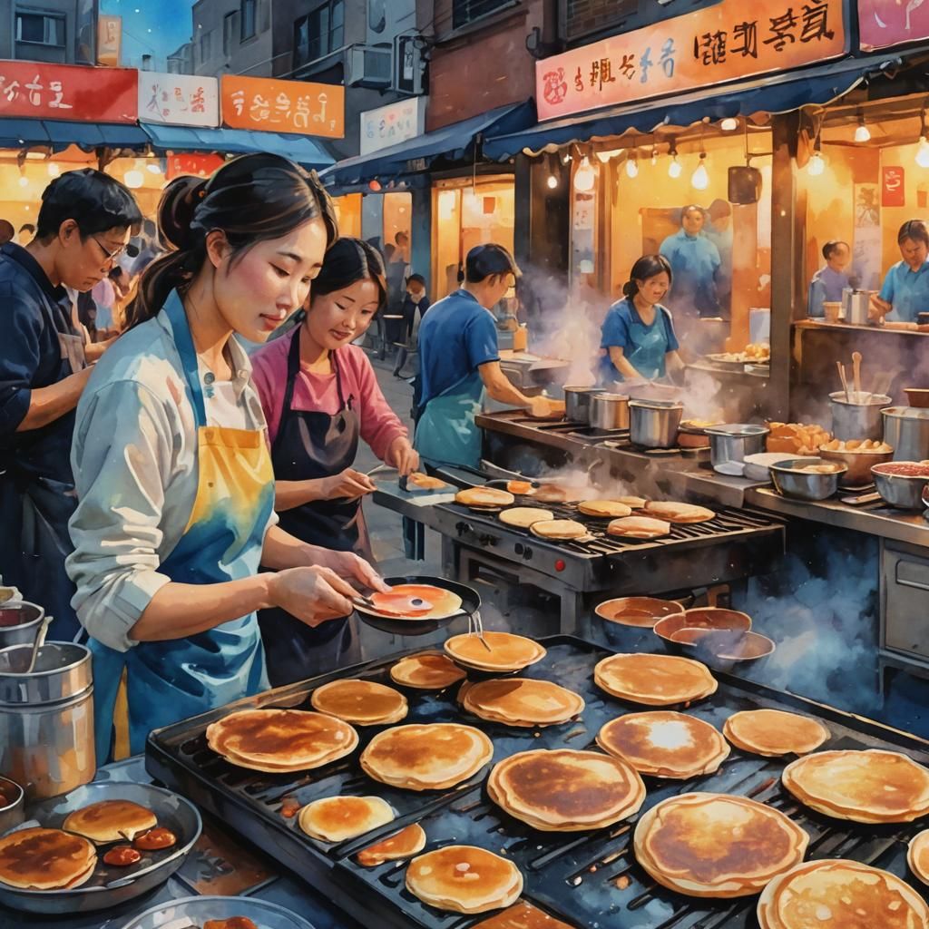 Korean Pancake Street Food in Watercolor Style