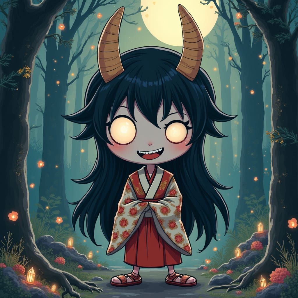 Charming Yōkai Deceiver in Moonlit Forest