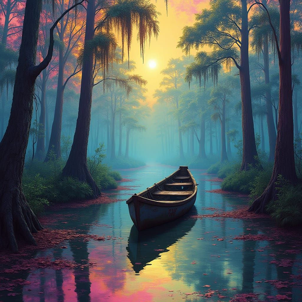 Sunken Rowboat in Hazy Swamp
